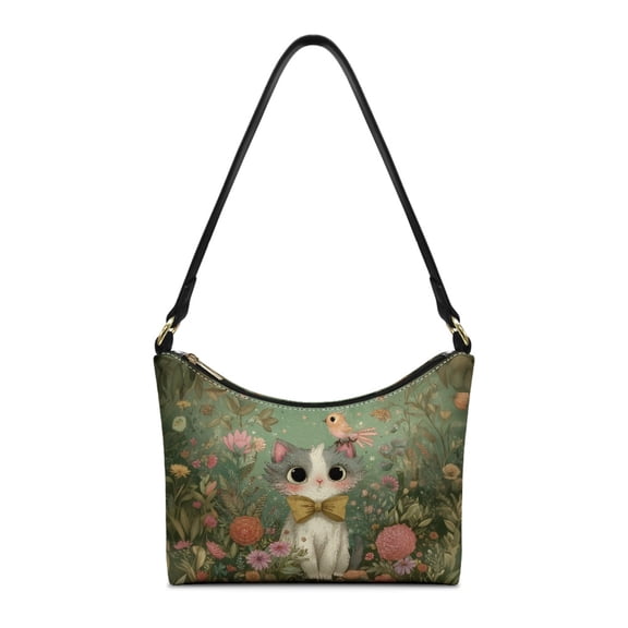 Kuiaobaty Cat Flower Print Shoulder Purse for Women Bird Print Leather Underarm Sling Bag with Smooth Zipper Spacious Casual Hobo Purse Tote Bag for Travel & Shopping Green