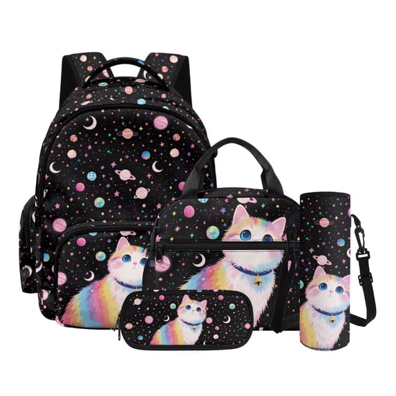 Kuiaobaty Cat Galaxy Print Backpack and Lunch Box Set for Girls Planet Stars Print Backpack and Water Bottle Sleeve with Adjustable Strap Lightweight Bookbag with Pencil Case for School
