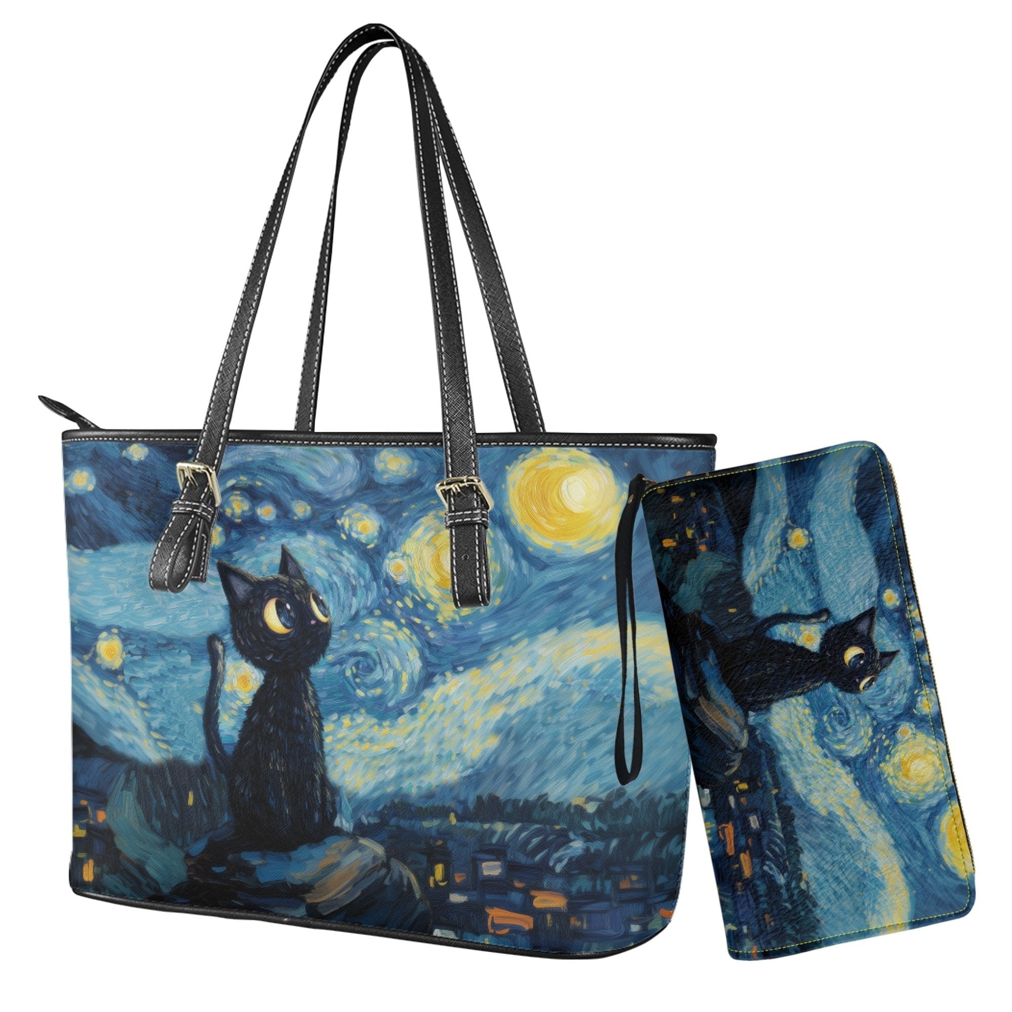 Kuiaobaty Cat Galaxy Print Satchel Purse for Women, Large Capacity Leather Shoulder Handbag with Adjustable Strap, Zipper Tote Handbag and Clutch Purse for Travel, Blue