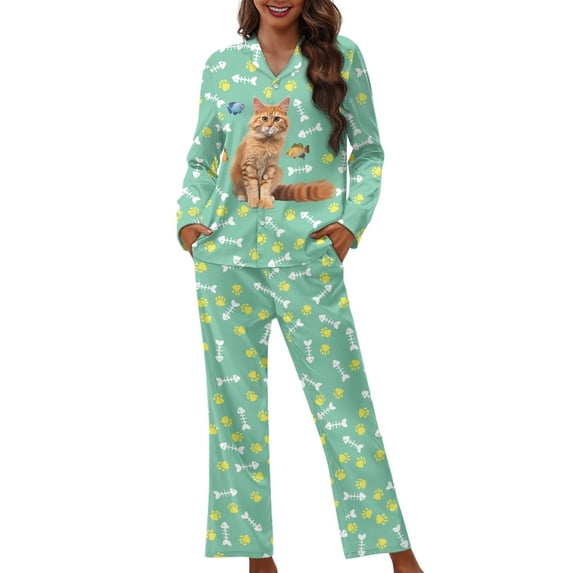 Kuiaobaty Cat Paw Print Womens Pajamas Set Long Sleeve Sleepwear Button Down Nightwear Soft Pajamas Lounge Sets, Green, XL
