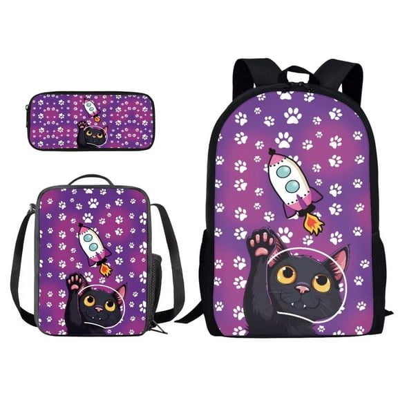 Kuiaobaty Cat Paw Rocket Pattern 3 Piece Kids Backpack Elementary Preschool School Bag with Lunch Box Pencil Case Set for Boys Girls Bookbag Large Capacity Travel Bagpack Daypack Rucksack