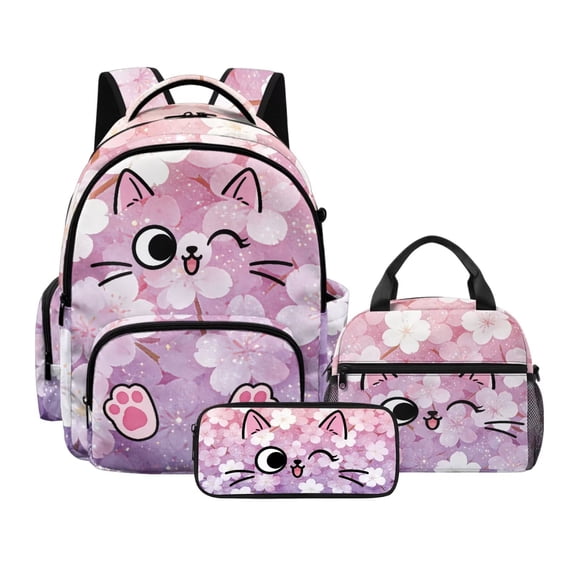 Kuiaobaty Cat Print 3 Piece Backpack and Pencil Case Set for Teens Girls Cherry Blossom Print Backpack and Lunch Box Set Multi Pockets Bookbag with Lunch Bag for School Picnic