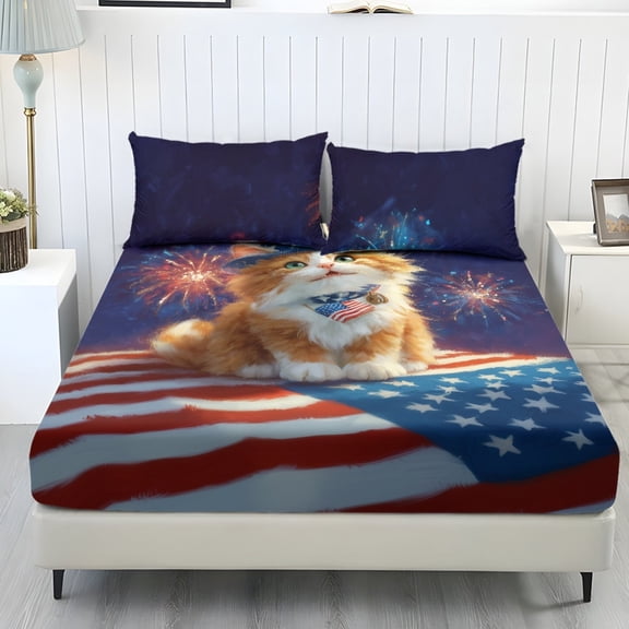Kuiaobaty Cat Print 3 Piece Sheet Set Twin American Flag Print Fitted Sheets with 2 Pillowcases Washable Bed Sheet Set Deep Pocket for Independence Day Decor