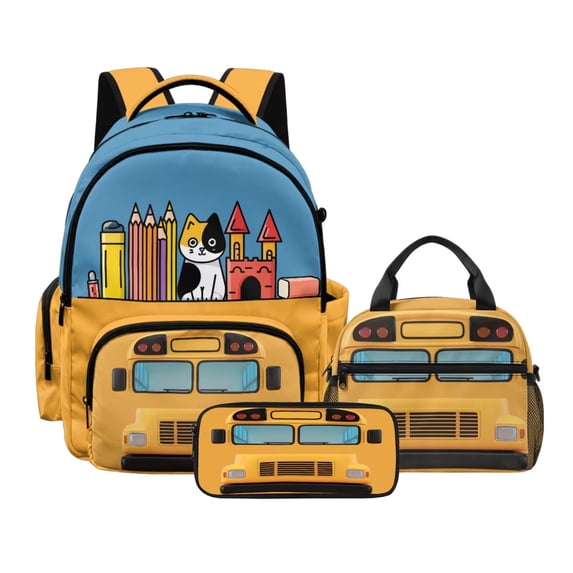 Kuiaobaty Cat School Bus Print Kids Backpack Set of 3 Large Capacity Backpack and Lunch Box Set with Cup Holder Roomy Sturdy Bookbag with Pencil Case with Zipper for School Hiking