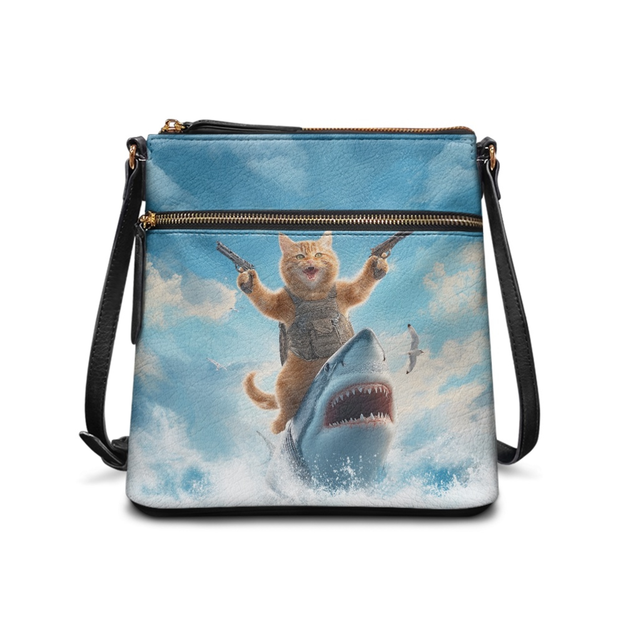 Kuiaobaty Cat Shark Print Crossbody bag for Women, Roomy Multi Pockets Vegan Leather Shoulder Handbag Crossbody, Large Capacity Messenger Purse with Adjustable Strap for Travel
