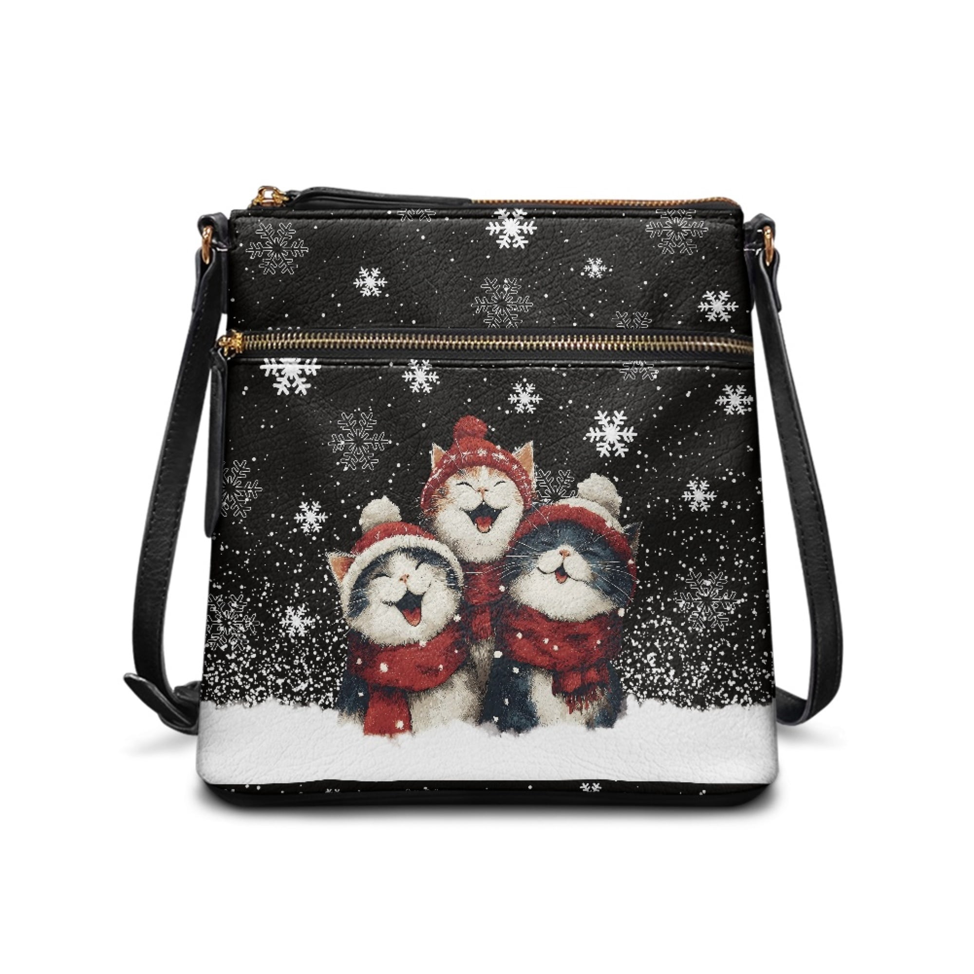 Kuiaobaty Cat Snowflake Print Crossbody Bag for Women, Medium Size Vegan Leather Sling Handbag with Adjustable Strap, Christmas Waterproof Shoulder Purse Crossbody for Travel
