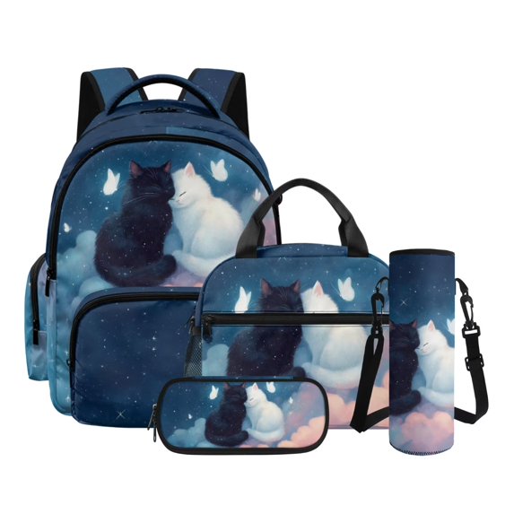 Kuiaobaty Cat Stars Print 17 Inch Backpack and Lunch Bag Set for Teens Large Capacity Backpack and Water Bottle Holder Multi Pockets Bookbag Pencil Case with Zipper for School