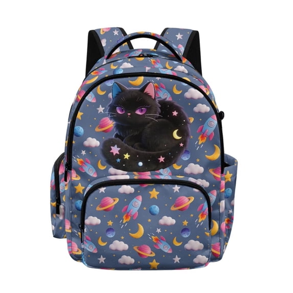 Kuiaobaty Cat Stars Print Backpack for Girls Boys Rocket Moon Print Bookbag Laptop Bag with Cup Holder Lightweight School Bag Daypack for School