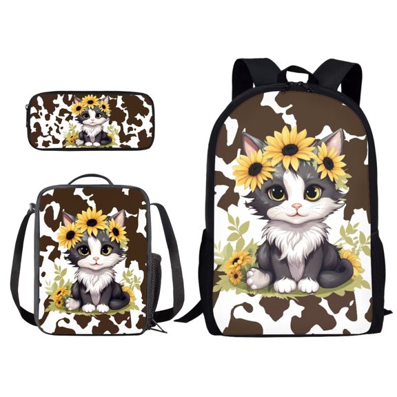 Kuiaobaty Cat Sunflower Cow Print School Backpack for Girls with Lunch Box Pencil Case Set 3 in 1 Schoolbag Bookbag Bagpack Rucksack Shoulder Bag Casual Daypack
