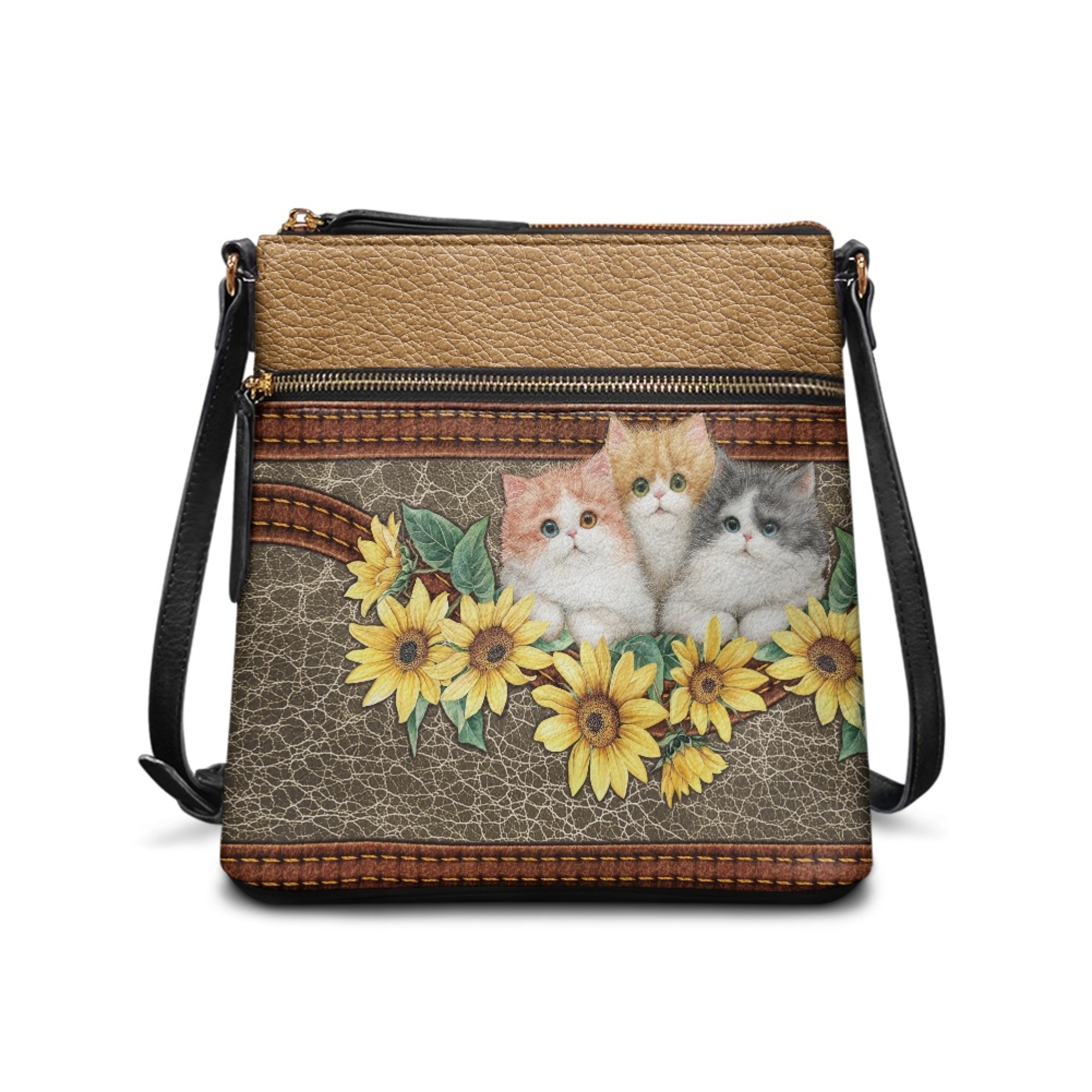 Kuiaobaty Cat Sunflower Print Crossbody bag for Women, Multi Pockets Vegan Leather Sling Purse with Adjustable Strap, Medium Size Roomy Messenger Handbag Crossbody for Travel