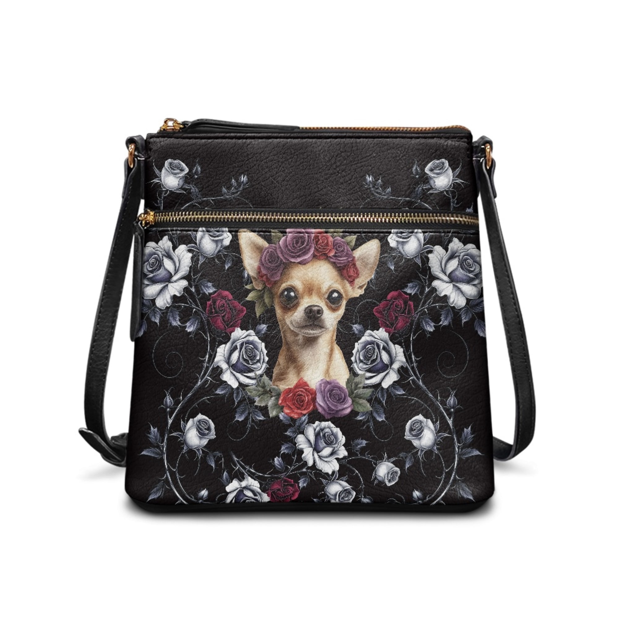 Kuiaobaty Chihuahua Rose Print Crossbody Bag for Women, Roomy Casual Leather Shoulder Handbag with Adjustable Strap, Zipper Pockets Sling Bag Crossbody for Travel, Black