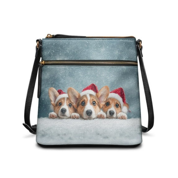 Kuiaobaty Christmas Corgi Print Crossbody Bag for Women, Large Capacity Portable Leather Satchel Purse with Zipper Closure, Medium Size Shoulder Handbag for Christmas 20225, Blue