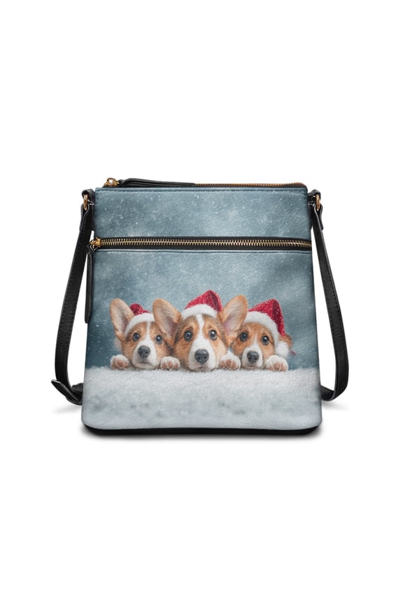 Christmas Corgi Print Crossbody Bag for Women, Large Capacity Portable Leather Satchel Purse with Zipper Closure, Medium Size Shoulder Handbag for Christmas 20225, Blue