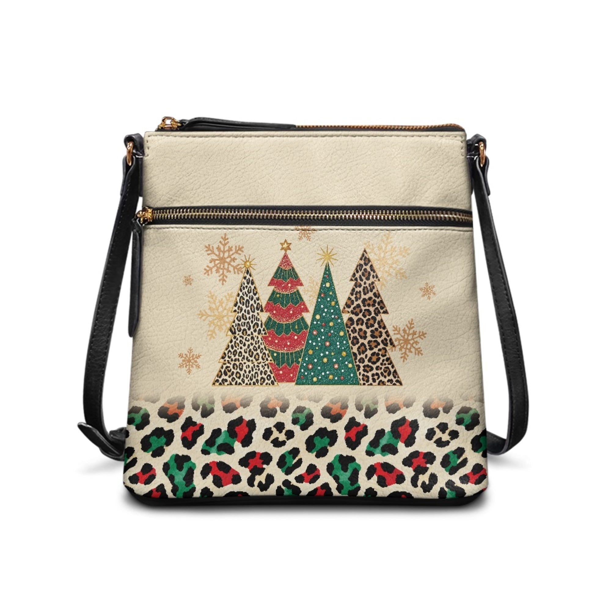 Kuiaobaty Christmas Tree Print Crossbody Bag for Women, Leopard Print Leather Shoulder Purse with Adjustable Strap, Christmas Multi Pockets Sling Bag Crossbody for Travel, Beige