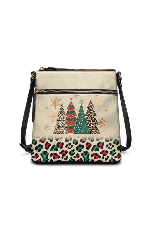 Christmas Tree Print Crossbody Bag for Women, Leopard Print Leather Shoulder Purse with Adjustable Strap, Christmas Multi Pockets Sling Bag Crossbody for Travel, Beige