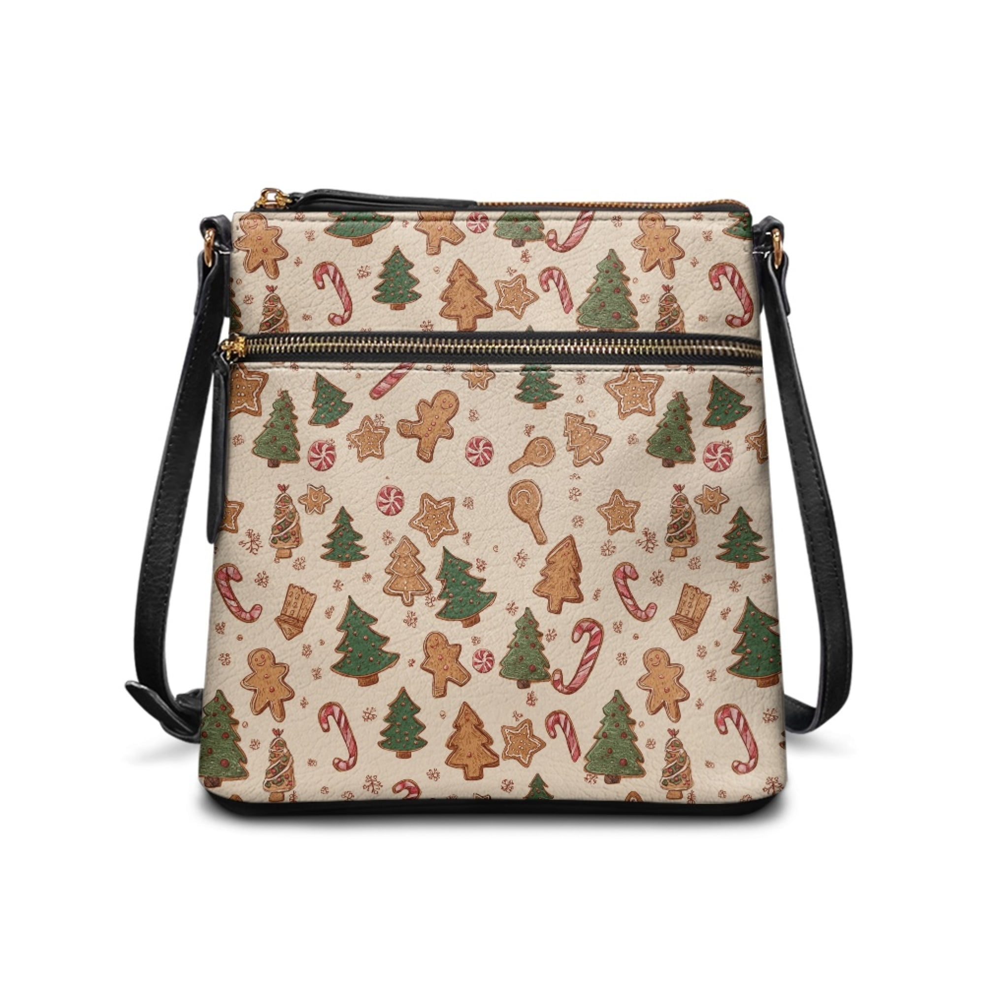 Kuiaobaty Christmas Tree Print Leather Crossbody for Women, Gingerbread Man Print Shoulder Handbag with Adjustable Strap, Lightweight Travel Hobo Purse for Christmas 2025, Beige