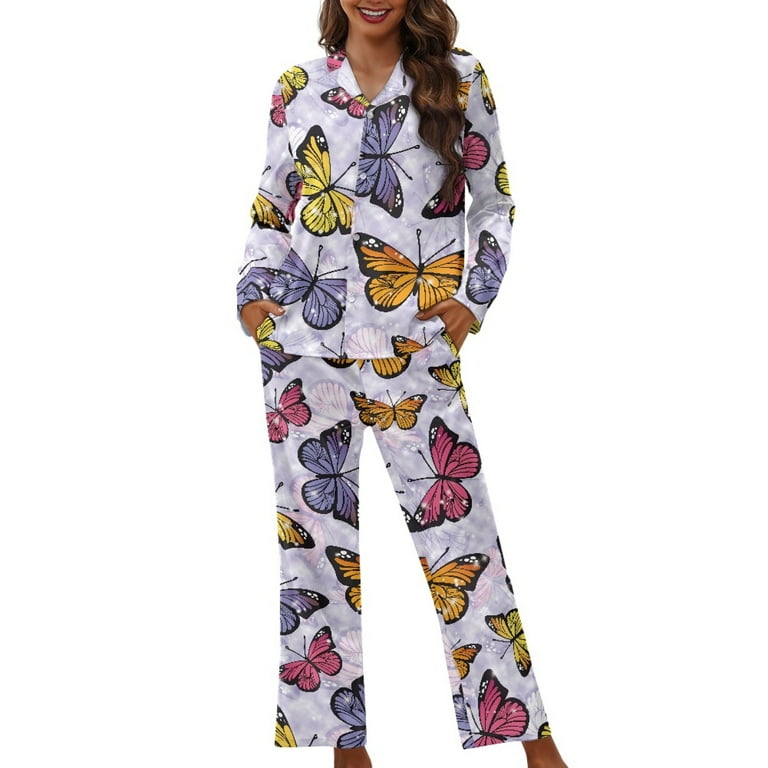 Kuiaobaty Colorful Butterfly Pattern Pajamas Women's Long Sleeve