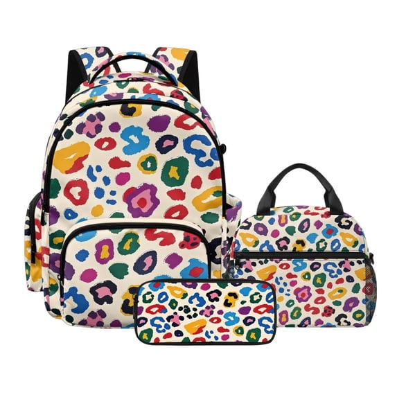 Kuiaobaty Colorful Leopard Print Backpack Set with Pencil Case for Boys Girls 17 Inch Backpack and Matching Lunch Bag Lightweight Bookbag and Lunch Box for School Camping