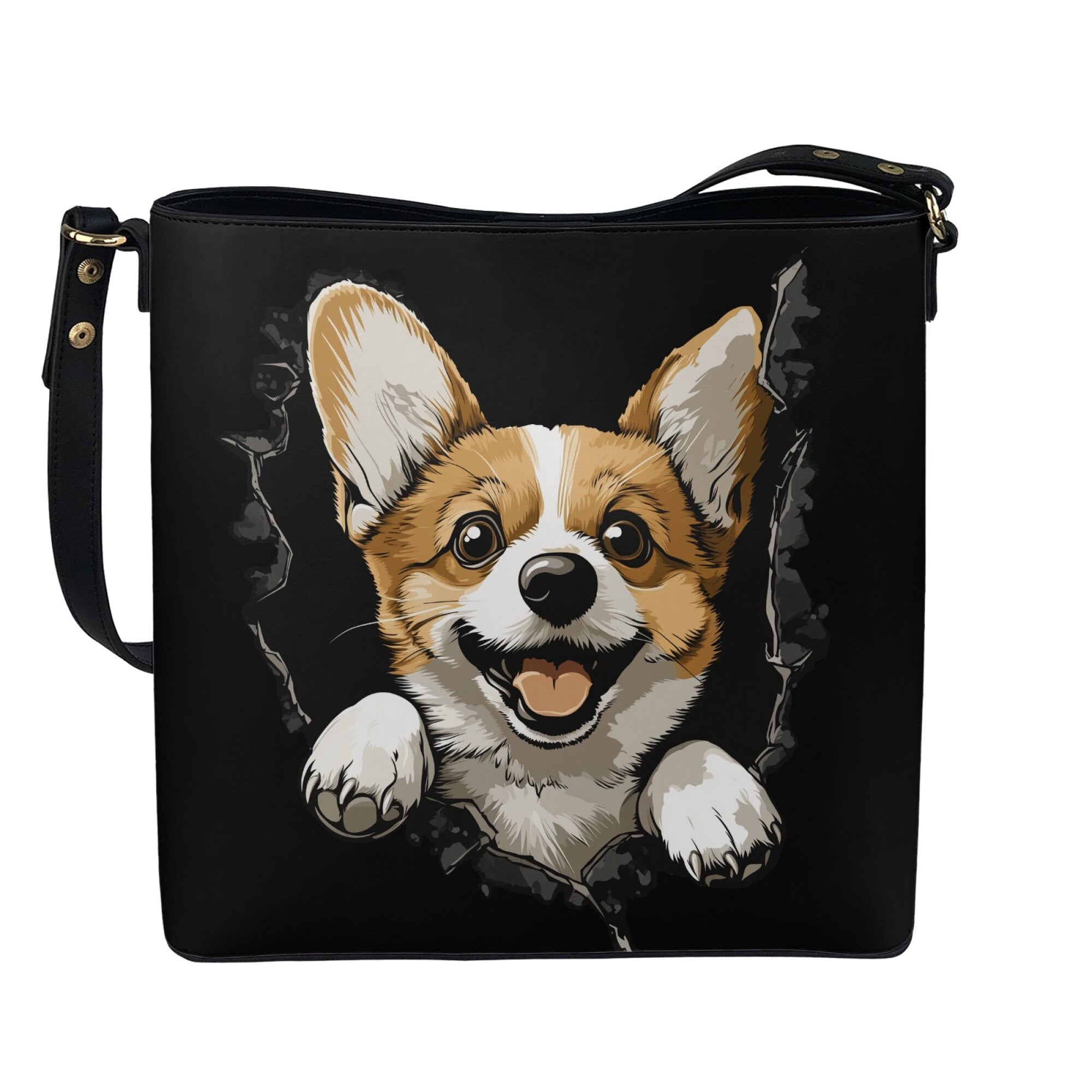 Kuiaobaty Corgi Hole Print Bucket Crossbody Bag for Women, Cute Lightweight Vegan Leather Shoulder Handbag Crossbody, Wear Resistant Bucket Tote Bag Handbag with Adjustable Strap for Travel
