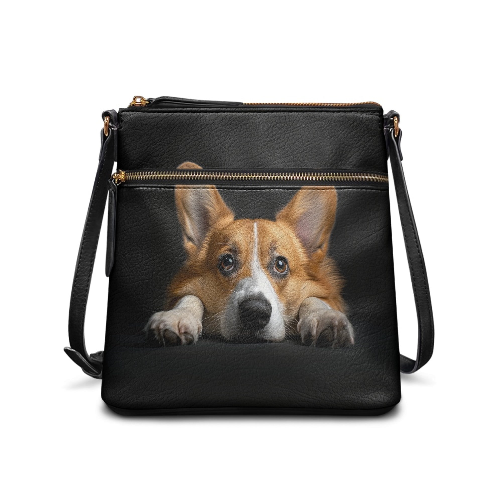 Kuiaobaty Corgi Print Leather Crossbody Bag for Women, Medium Size Trendy Messenger Handbag with Adjustable Strap, Multi Pockets Portable Satchel Purse Crossbody for Travel & Hiking