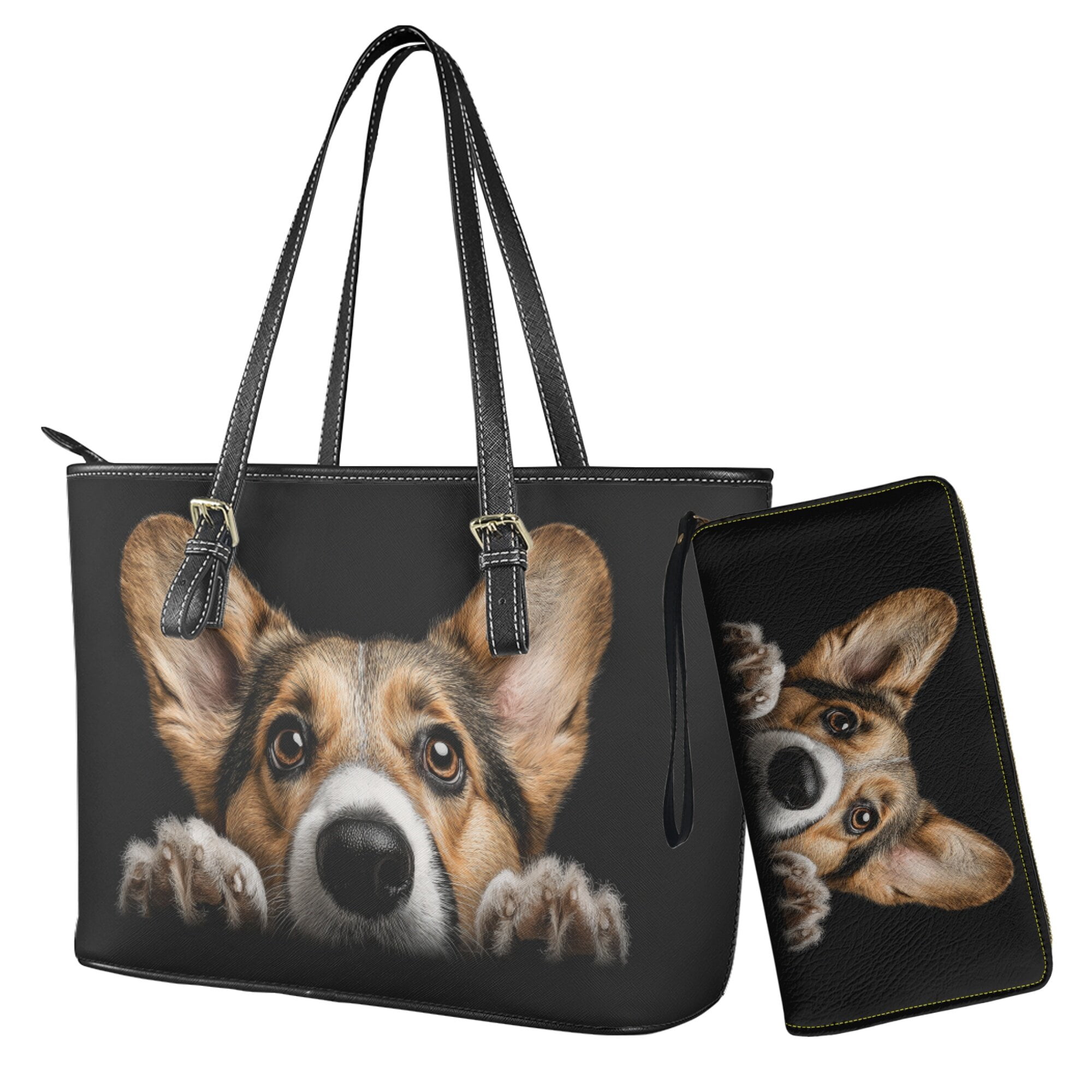 Kuiaobaty Corgi Print Satchel Handbag for Women, Lightweight Leather Top Handle Purse with Adjustable Strap, Cute Sturdy Tote Handbag Set for Travel, Black