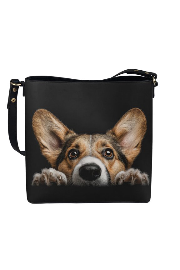 Corgi Print Shoulder Crossbody Bag for Women, Cute Vegan Leather Bucket Tote Bag with Removable Strap, Waterproof Roomy Sling Bag Crossbody for Travel & Shopping, Black
