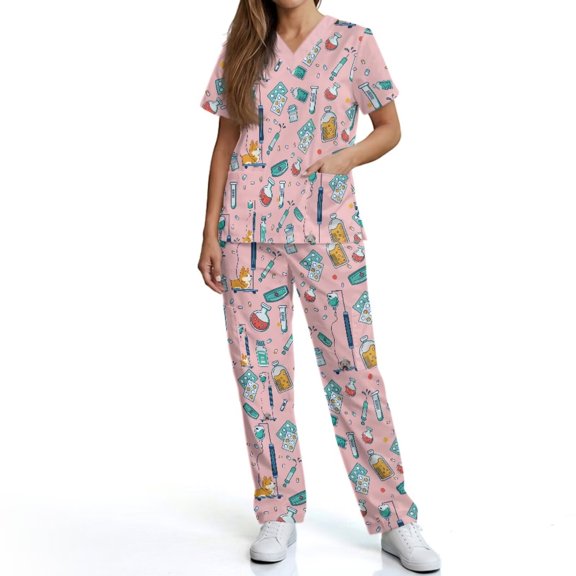 Kuiaobaty Corgi Printed Scrubs for Women Set Breathable Vet Tech Scrubs Wrinkle Resistant Nurse Uniforms for Vet, Pink