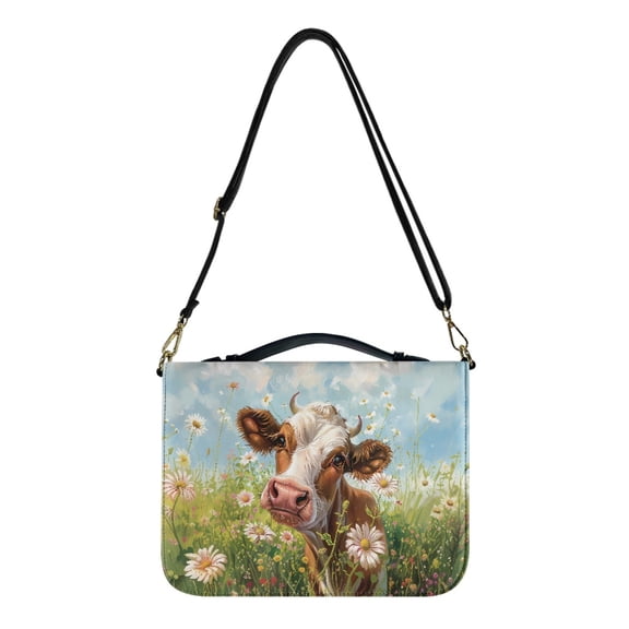 Kuiaobaty Cow Daisy Print Bible Cover with Handle, PU Leather Bible Case with Shoulder Strap, Lightweight Bible Tote Bag Bible Protective Bible Carrier for Mother Father Men Women, M