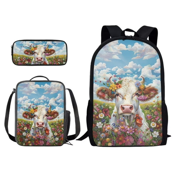 Kuiaobaty Cow Flower Print Backpack Bag for Girls Kids 3 Pack School Bag with Lunch Box Pencil Case Set Middle High School Bookbag Travel Daypack Satchel Shoulder Bags Rucksack