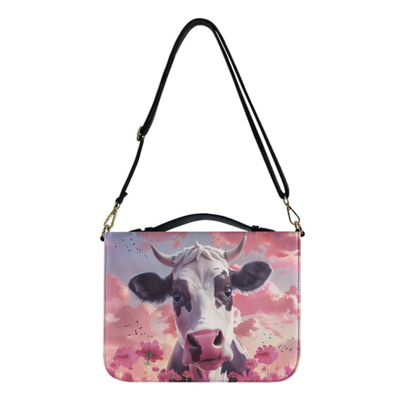 Kuiaobaty Cow Flower Print Bible Cover for Women Men PU Leather Bible Case Book Carrying Bag with Handle and Shoulder Strap, Portable Bible Tote Bag Scripture Organizer Pen Holder, M