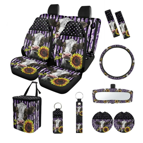 Kuiaobaty Cow Sunflower Print 13 PCS Car Seat Covers Set Camo American Flag Car Accessories Seat Protectors/Steering Wheel Covers/Seatbelt Pad/Coasters/Keychains/Rearview Mirror Cover/Garbage Can