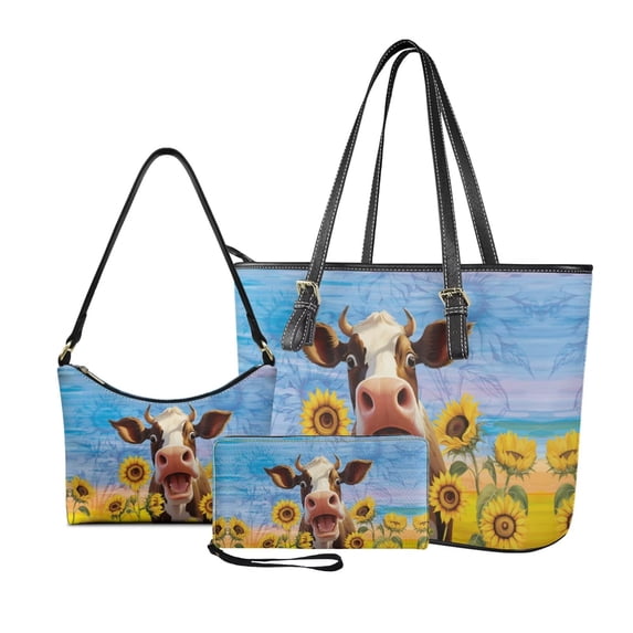 Kuiaobaty Cow Sunflower Print Handbag and Wallet Purse Set with Underarm Bag for Women Leather Wristlet Wallet with Zipper Top Handle Handbag Hobo Purse for Travel, Blue