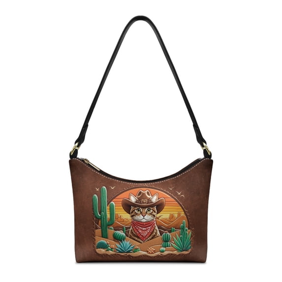 Kuiaobaty Cowboy Cat Print Shoulder Purse for Women, Cactus Print Vegan Leather Underarm Sling Bag, Trendy Durable Hobo Purse with Zipper Closure for Travel, Brown