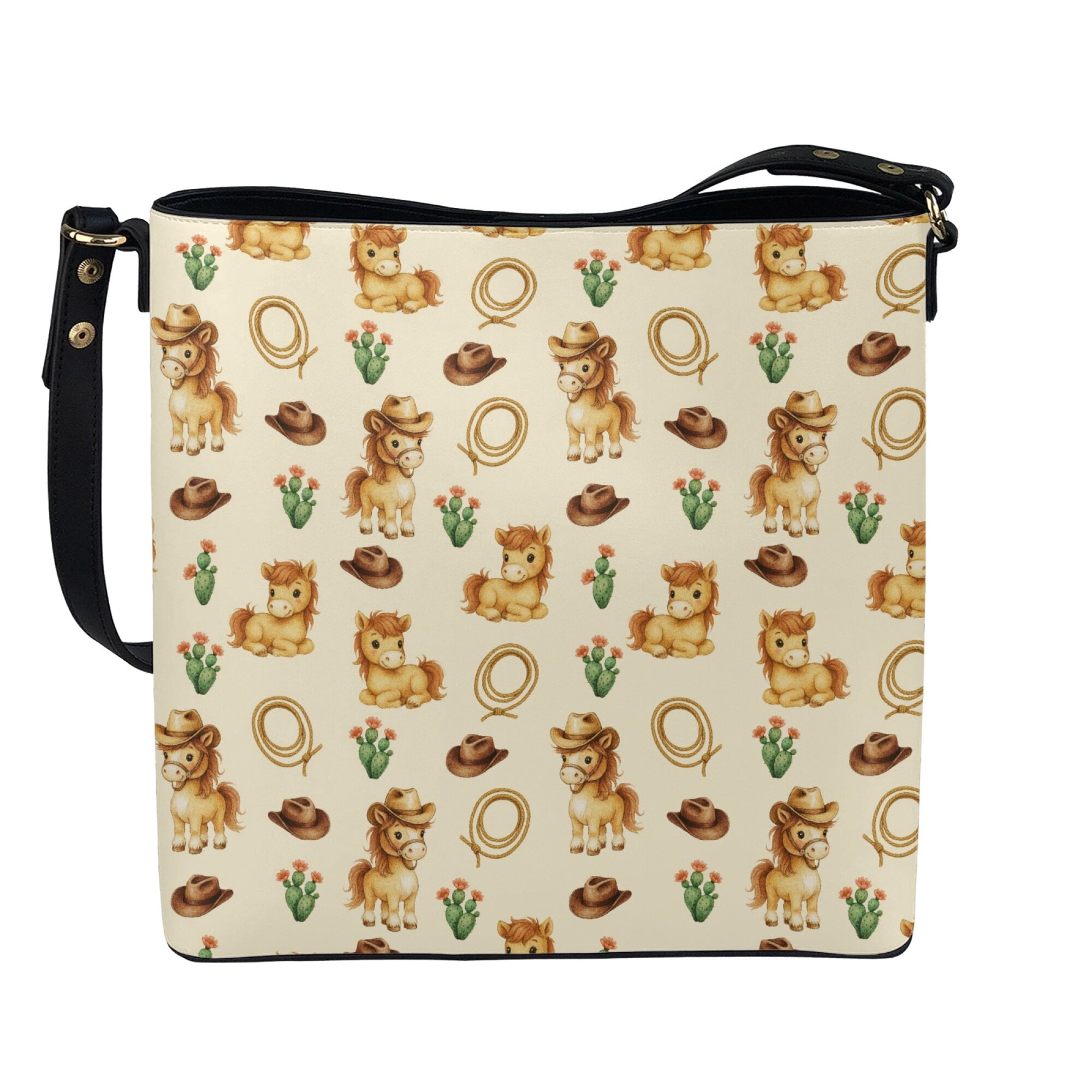 Kuiaobaty Cowboy Horse Print Bucket Crossbody Bag for Women, Cactus Print Leather Hobo Purse with Adjustable Strap, Waterproof Shoulder Handbag Crossbody for Travel & Shopping, Beige