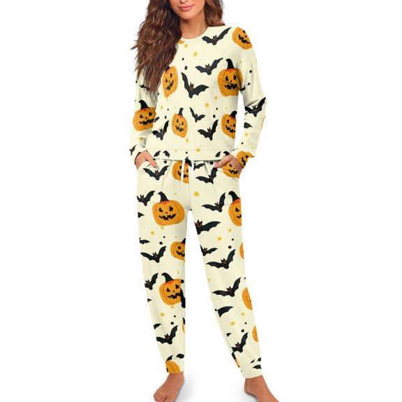 Kuiaobaty Crewneck Loungewear, Halloween Pumpkin Pattern Soft Cozy Polyester Fabric Women‘s Pajama Sets for Sleepwear Nightwear, Size 3XL