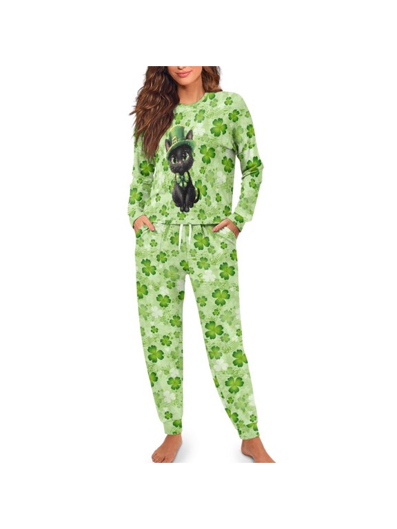 Crewneck Pjs Sets, Clover Cats Polyester Fabric Long Sleeve Loungewear for Sleepwear Home, Size 2XL