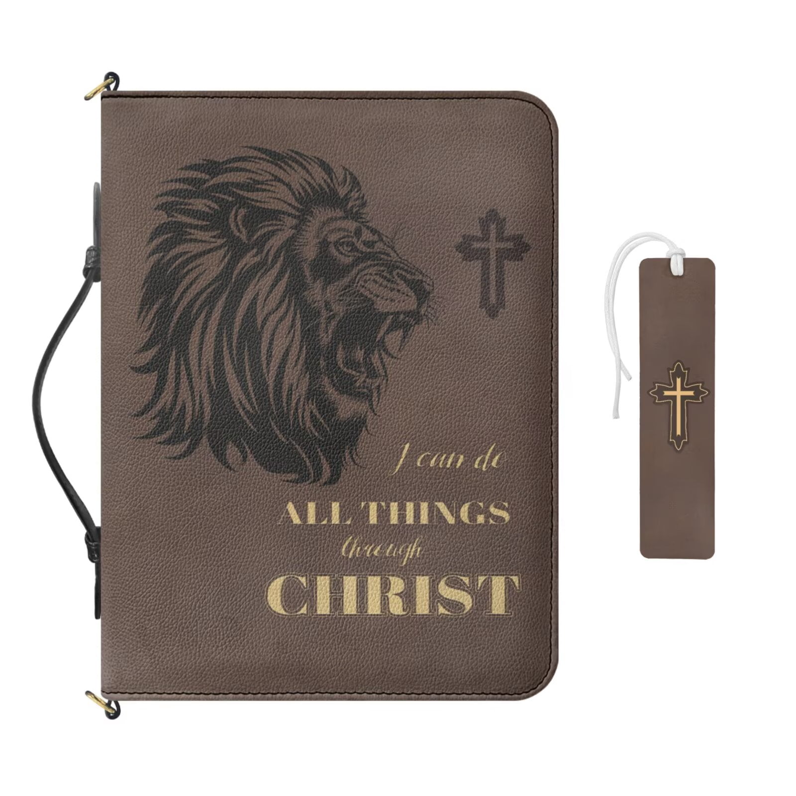 Kuiaobaty Cross Lion Print Bible Case for Women Men Leather Bible Cover Church Bag with Bookmark Roomy Bibles Carrying Case with Handle and Strap for Christian Daily, Brown