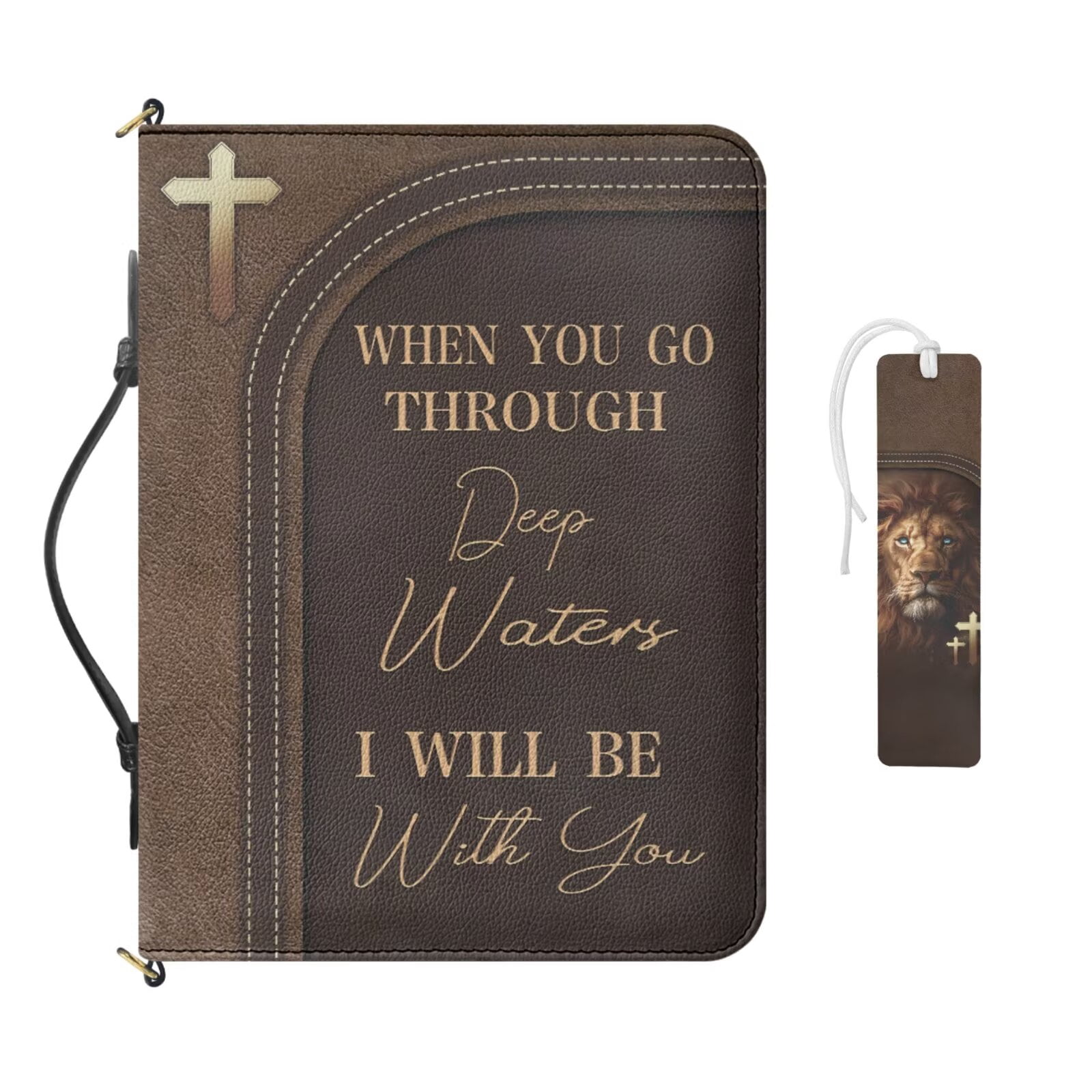 Kuiaobaty Cross Print Bible Cover for Women Men Roomy Bible Study Supplies with Leather Bookmark Multi Pockets Church Bag Bibles Case with Strap Gifts for Christian, Brown