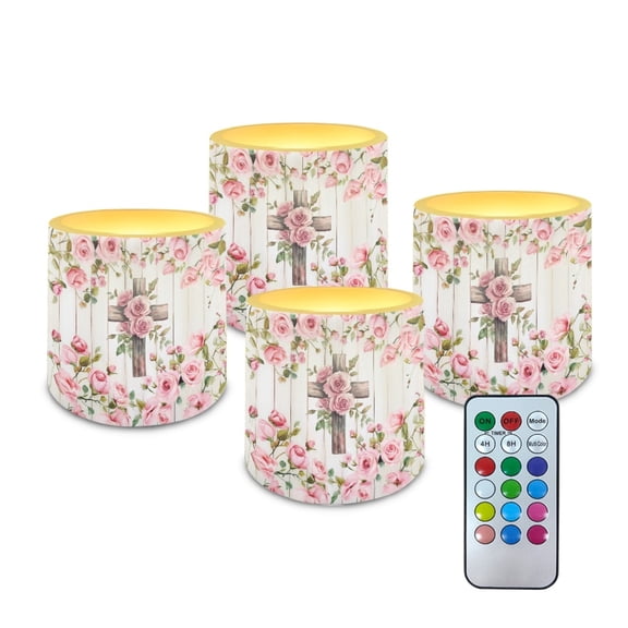Kuiaobaty Cross Rose Leaf Pattern Flameless LED Lights Candles with Remote Battery Powered LED Votive Candles 4 Pieces for Valentine Party Wedding Birthday Party Outdoor