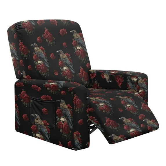 Kuiaobaty Crow Rose Skull Print Reclining Slipcover Washable Recliner Chair Cover Nonslip Reclining Sofa Slipcover Durable Recliner Couch Cover with Side Pocket for Pets Kids