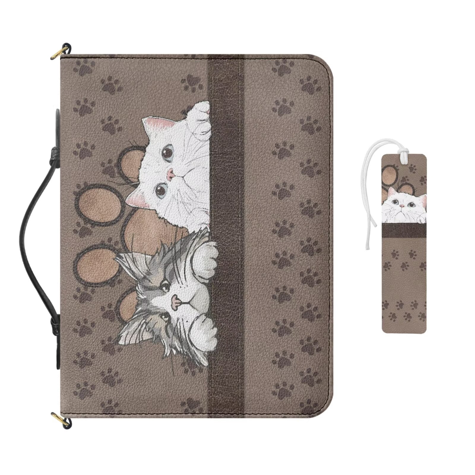 Kuiaobaty Cute Cat Paw Print Bible Bag for Women Men Leather Carrying Book Case with Bookmark Christian Women Bible Study Accessories with Handle for Church, Brown