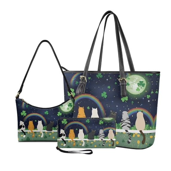 Kuiaobaty Cute Cat Print Handbag and Wallet Set for Women Shamrock Rainbow Print Top Handle Handbag Hobo Purse with Zipper Underarm Bag Wristlet Wallet for St Patricks Day, Blue
