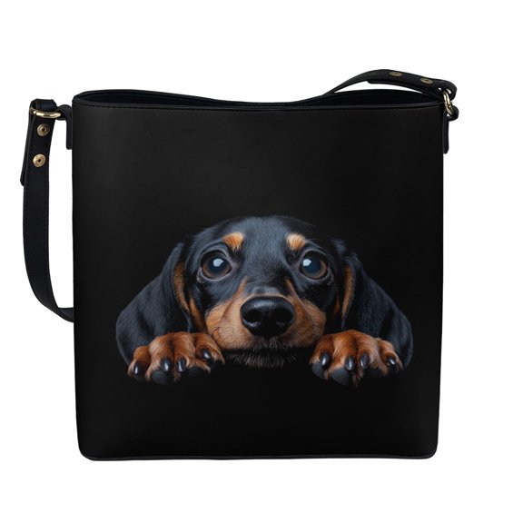 Kuiaobaty Cute Dachshund Print Shoulder Crossbody Bag for Women, Lightweight Vegan Leather Bucket Tote Bag with Adjustable Strap, Durable Casual Hobo Satchel Purse for Travel, Brown