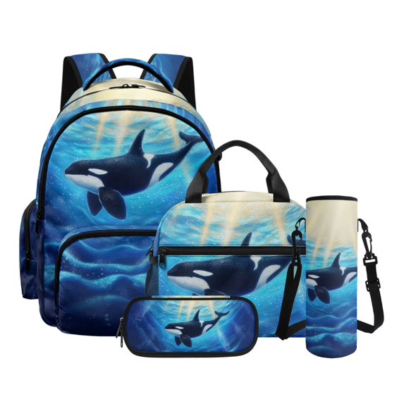 Kuiaobaty Cute Dolphin Print Backpack and Lunch Bag Set for Boys Lightweight Backpack Pencil Case with Zipper Roomy Sturdy Bookbag and Water Bottle Sleeve for School