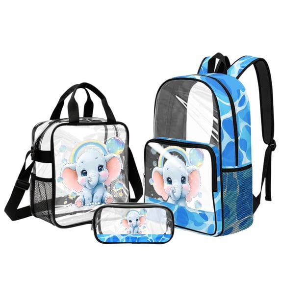 Kuiaobaty Cute Elephant Print Clear Backpack and Lunch Bag Set for Boys Clear Backpack and Pencil Case with Zipper Heavy Duty School Bag with Lunch Box for School, Blue