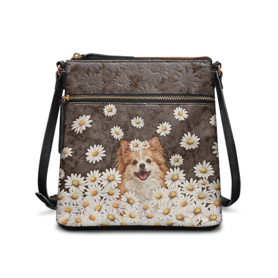 Kuiaobaty Cute Pomeranian Print Crossbody Bag for Women, Daisy Print Portable Leather Satchel Purse with Adjustable Strap, Lightweight Shoulder Handbag Crossbody for Travel & School