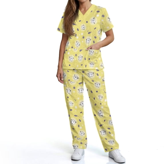 Kuiaobaty Cute Teeth Print Scrubs for Women Set 6 Pockets Nursing Uniforms Breathable Medical Uniforms for Dentist Assistant,Green