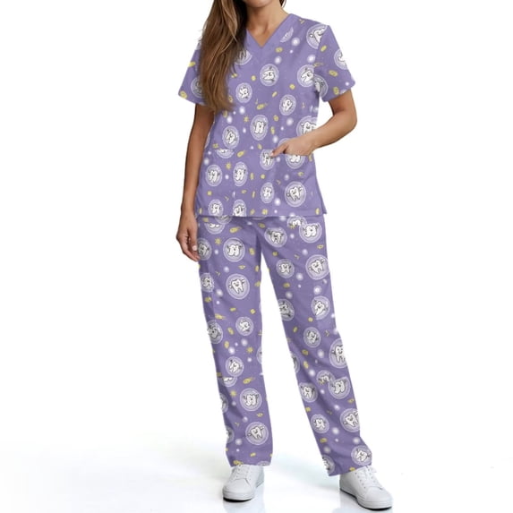 Kuiaobaty Cute Teeth Print Scrubs for Women Set Stretch Dentist Uniforms with 6 Pockets Comfort Medical Uniforms for Dental Staff, Purple