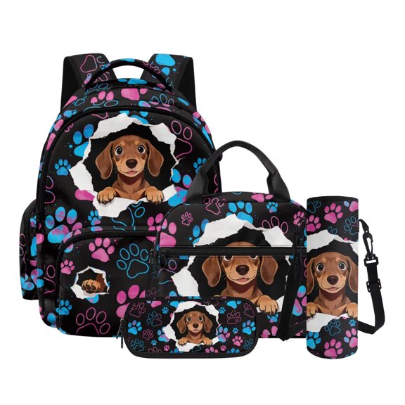 Kuiaobaty Dachshund Paw Print Backpack Set with Lunch Bag for Boys Girls Lightweight Backpack with Insulated Lunch Box & Pencil Case Multi Pockets Bookbag with Water Bottler Sleeve for School