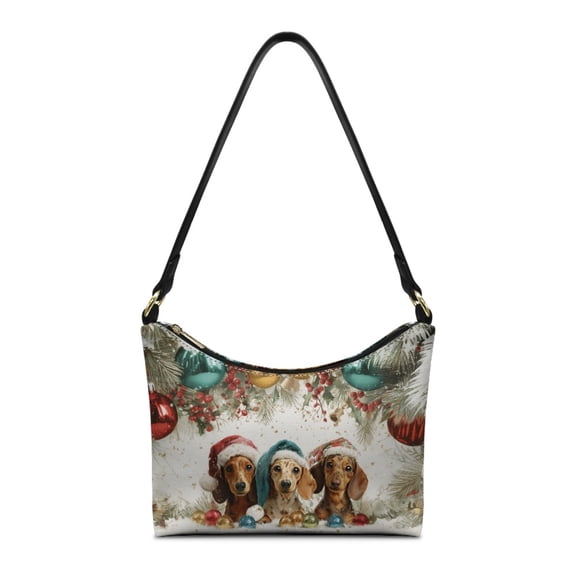 Kuiaobaty Dachshund Print Hobo Purse for Women 2025, Snowflake Print Leather Shoulder Handbag with Zipper Closure, Durable Travel Underarm Sling Bag for Christmas, White